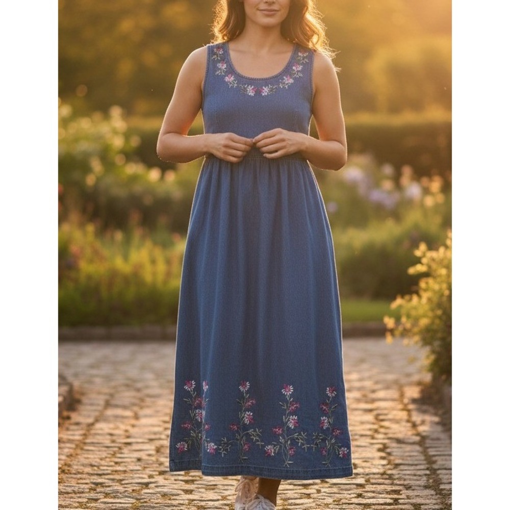 Vtg Jane Ashley Petite Denim Floral Embroidered Maxi Long Dress Blue Cottagecore
